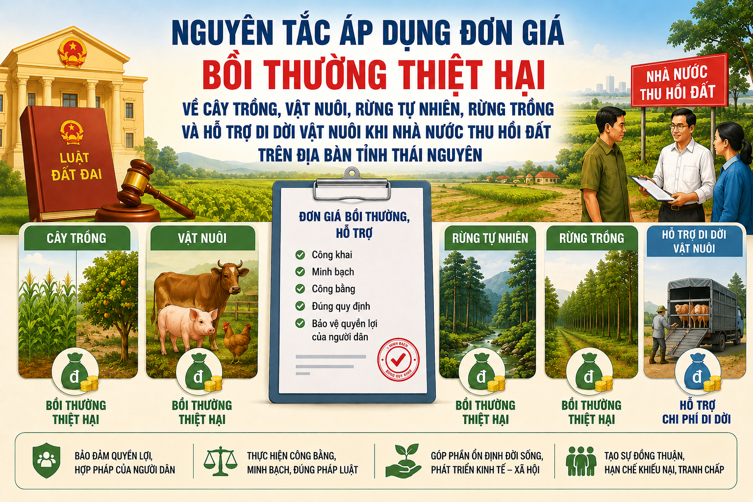 Nguyên tắc áp dụng đơn giá bồi thường thiệt hại về cây trồng, vật nuôi, rừng tự nhiên, rừng trồng và hỗ trợ di dời vật nuôi khi Nhà nước thu hồi đất trên địa bàn tỉnh Thái Nguyên