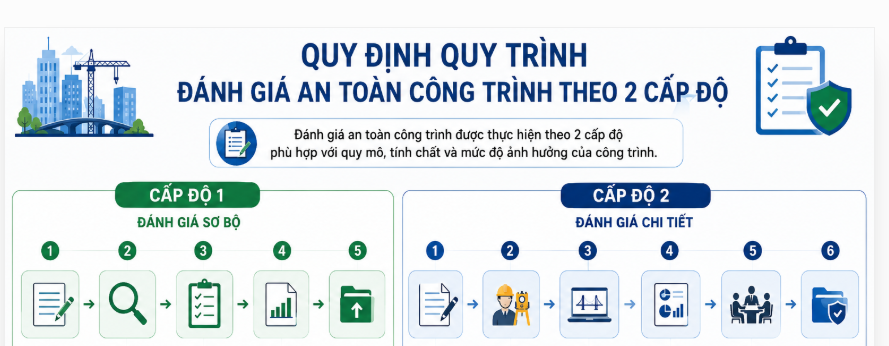 Quy định quy trình đánh giá an toàn công trình theo 2 cấp độ