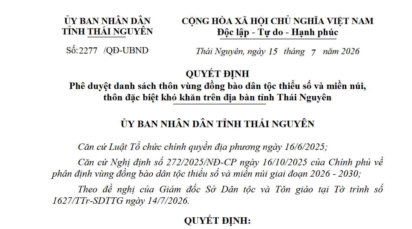 Phê duyệt danh sách thôn vùng đồng bào dân tộc thiểu số và miền núi, thôn đặc biệt khó khăn trên địa bàn tỉnh Thái Nguyên